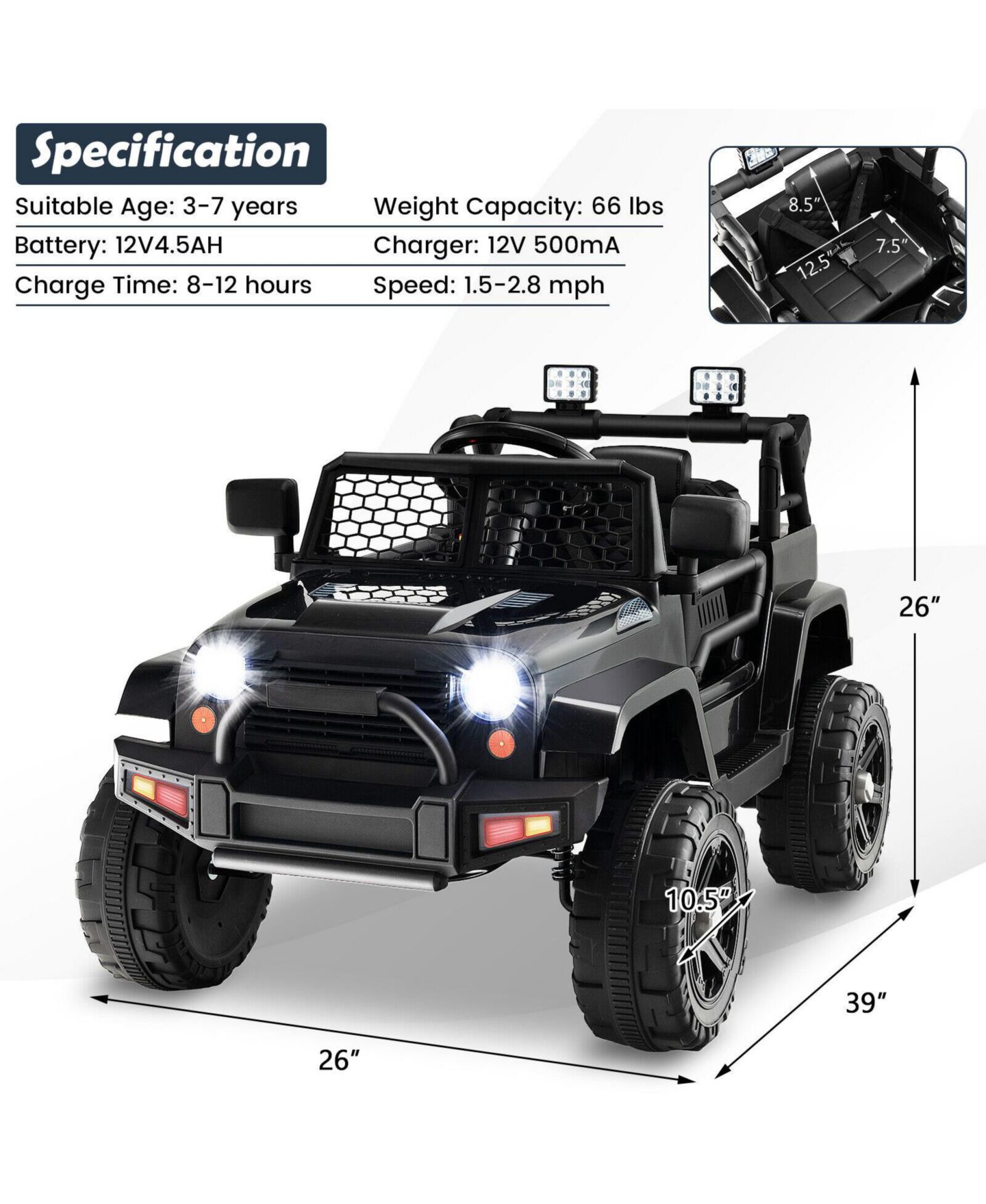 Детская игрушка Mecale 12V Kids Ride On Truck with Remote Control and Headlights, 3–7 лет, цвет: Чёрный — фото 3