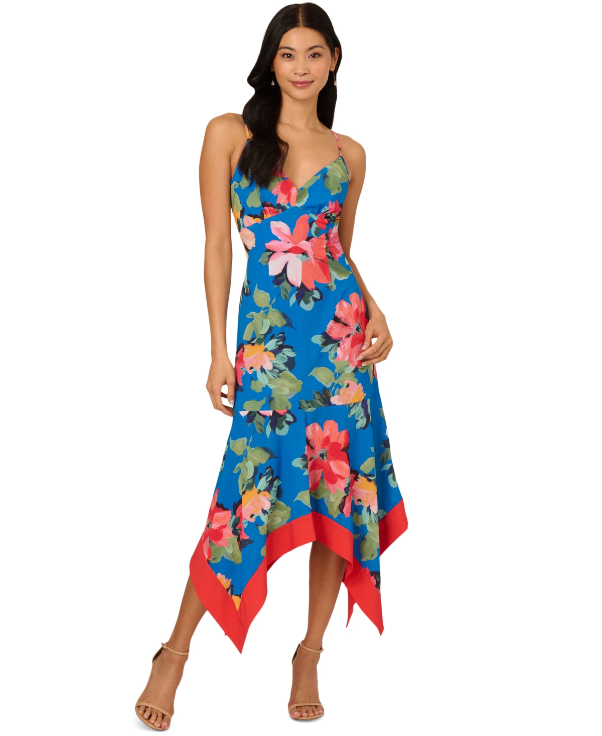 ADRIANNA PAPELL WOMEN'S FLORAL HANDKERCHIEF-HEM MIDI DRESS 