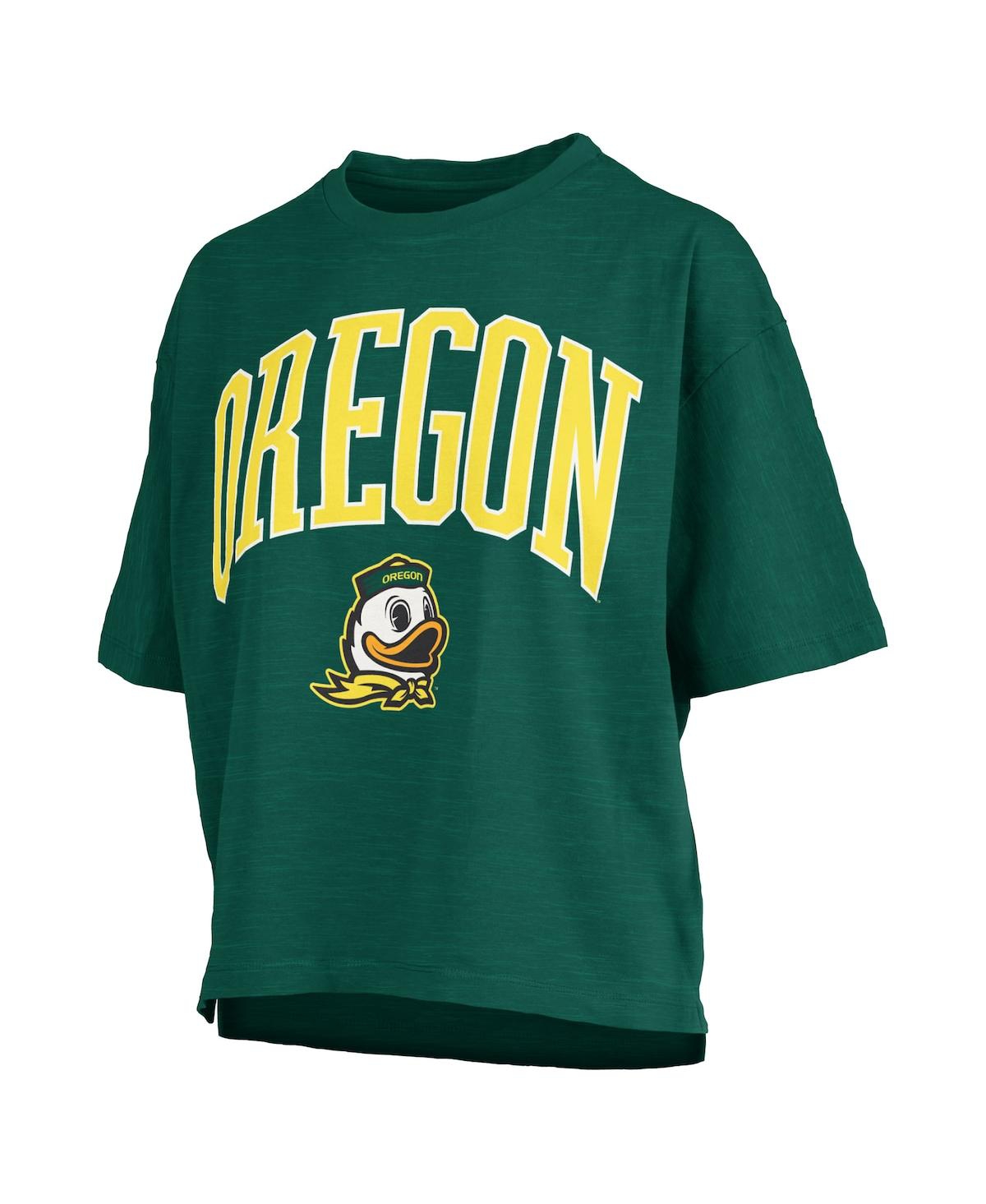 PRESSBOX WOMEN'S GREEN OREGON DUCKS NELSON ARCH OVER LOGO WAIST LENGTH OVERSIZED SLUB T-SHIRT 