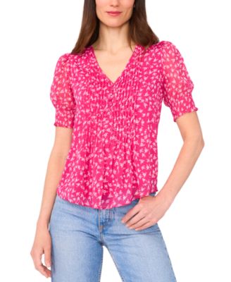 Sam & Jess - Petite Printed Puff-Sleeve Pintuck Blouse