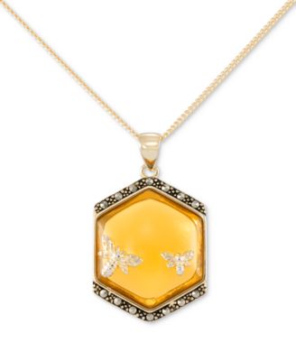 Macy's - Marcasite (1/6 ct. t.w.) & Amber (1/10 ct. t.w.) Polygon Bee Pendant Necklace in 18k Gold Over Sterling Silver, 18"