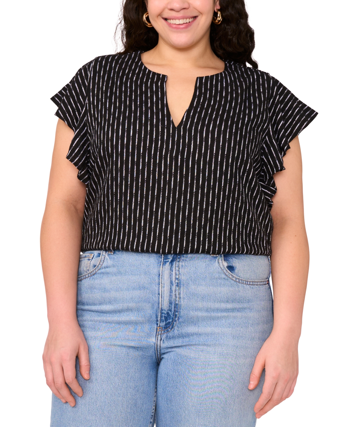 Vince Camuto Plus Size Split-neck Ruffle-sleeve Blouse In Black