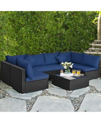 7PCS Rattan Patio Conversation Set Sectional Furniture Set w/ Navy Cushion