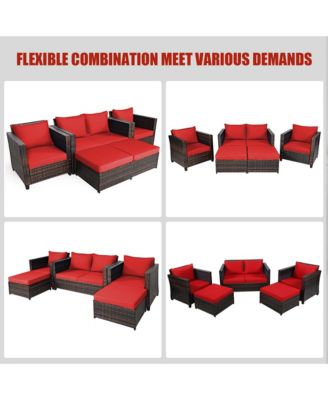 5PCS Outdoor Patio Rattan Conversation Sofa Furniture Set w/ Red Cushions