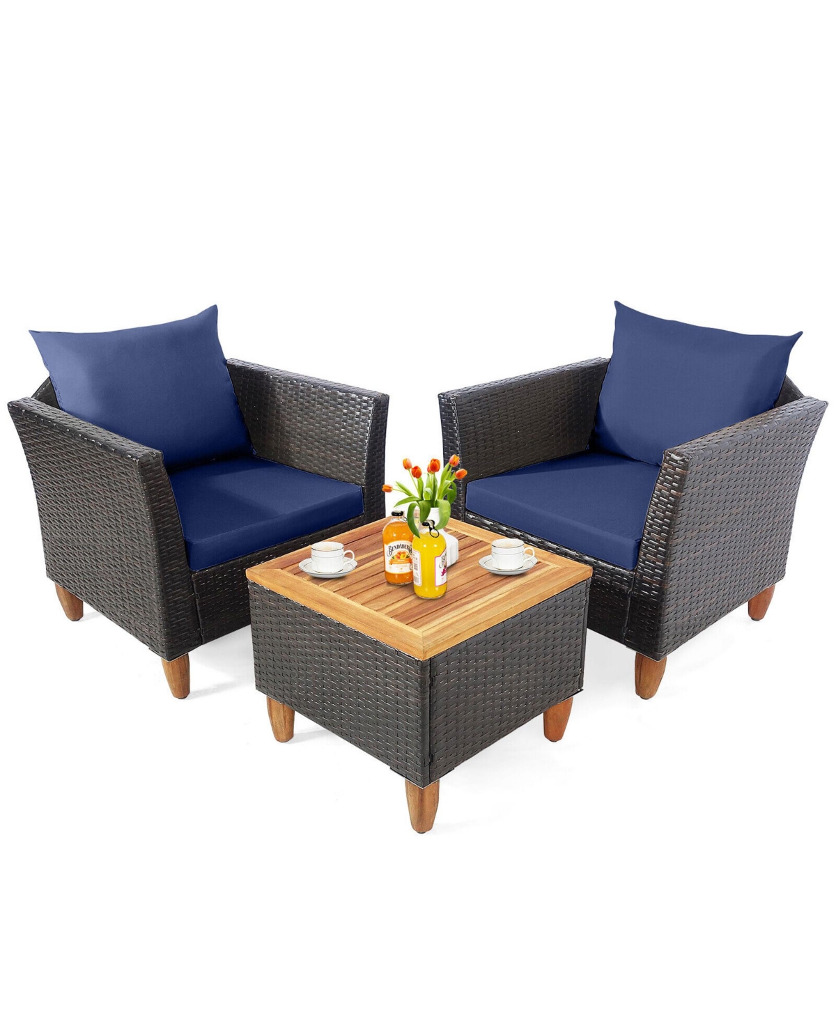 Gymax 3PCS Patio Furniture Set Conversation Bistro Set w/ Acacia Wood & Cushions Navy
