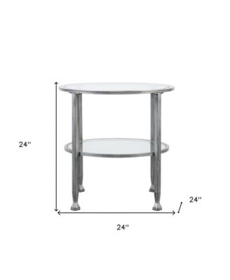 24" Silver And Clear Glass And Distressed Iron Round End Table With Shelf