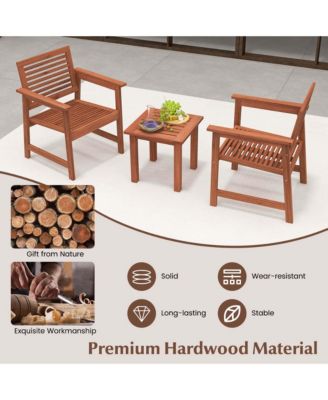 3 PCS Patio Furniture Set with 2 Seat Cushions Coffee Table Solid Wood Chairs