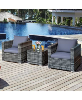 3 PCS Patio Rattan Furniture Bistro Set Cushioned Sofa Chair Glass Table Garden