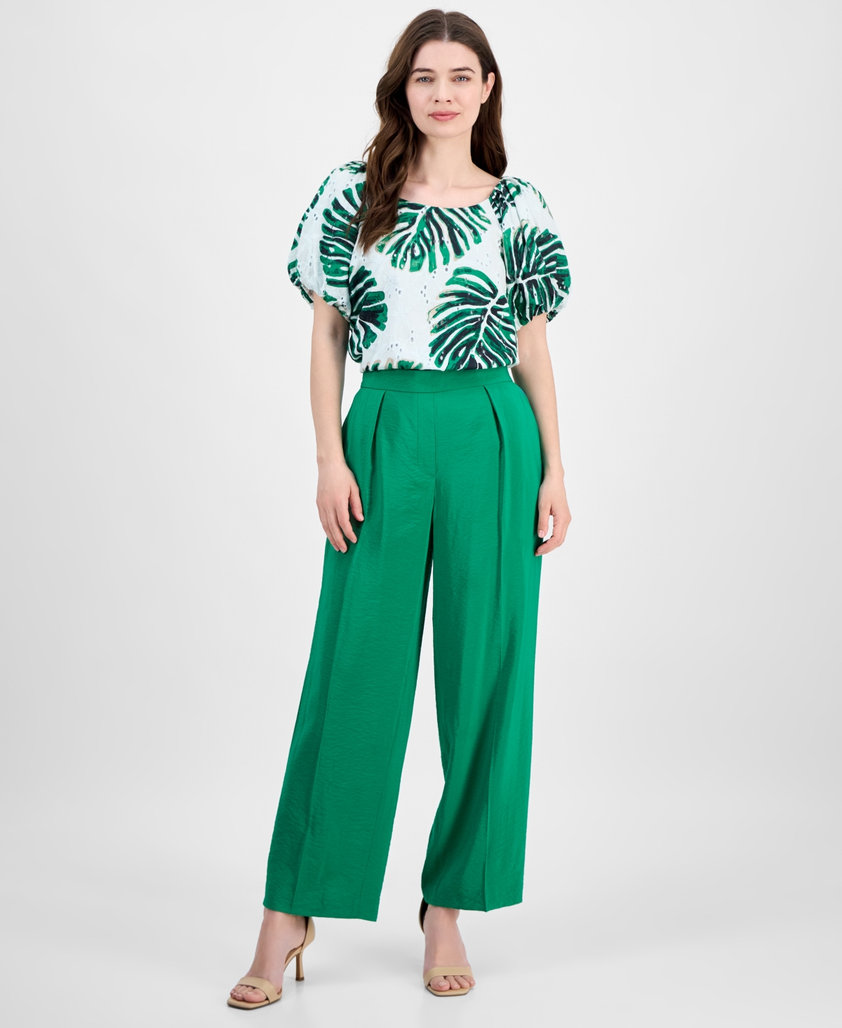 Anne Klein Womens Printed Eyelet Embroidered Cotton Blouse Pull On Wide Leg Ankle Pants In Green