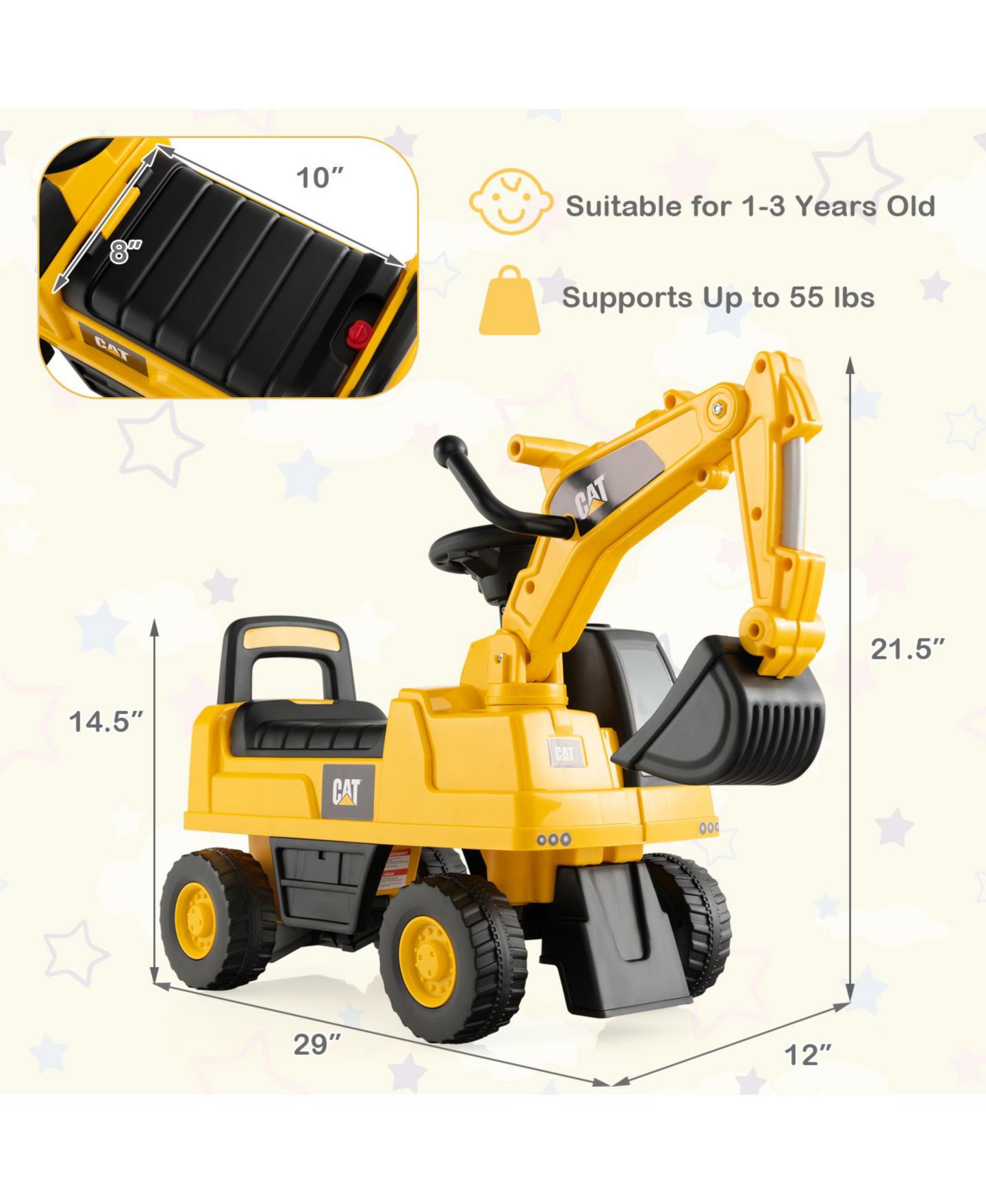 Детская игрушка Mecale Excavator, 29"L x 12"W x 21.5"H, Rotatable Digging Bucket, Ride-On Toy, 55 lbs Capacity, Ages 1+, цвет: Жёлтый — фото 2