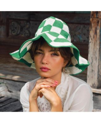 Shilo Checkered Crochet Hat In Green & White