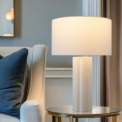 Becca LED Geometric Pillar Table Lamp with Cream Fabric Shade, Bulb Included (24")