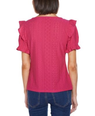 Women's Knit Eyelet Ruffle Sleeve Top