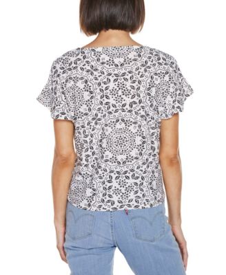 Women's Printed Eyelet Tie Front Knit Top