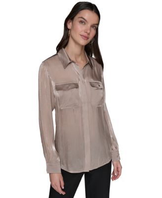 KARL LAGERFELD PARIS - Women's Mixed-Media Button-Front Blouse