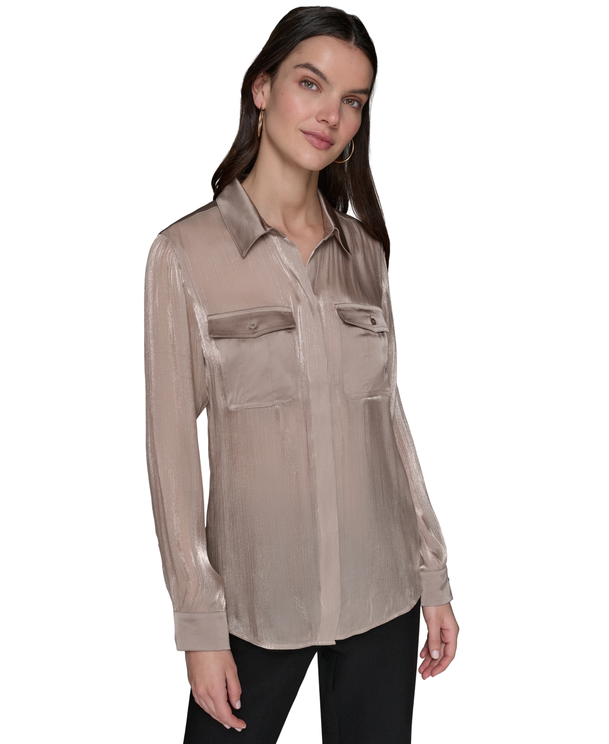 Women's Mixed-Media Button-Front Blouse - Truffle