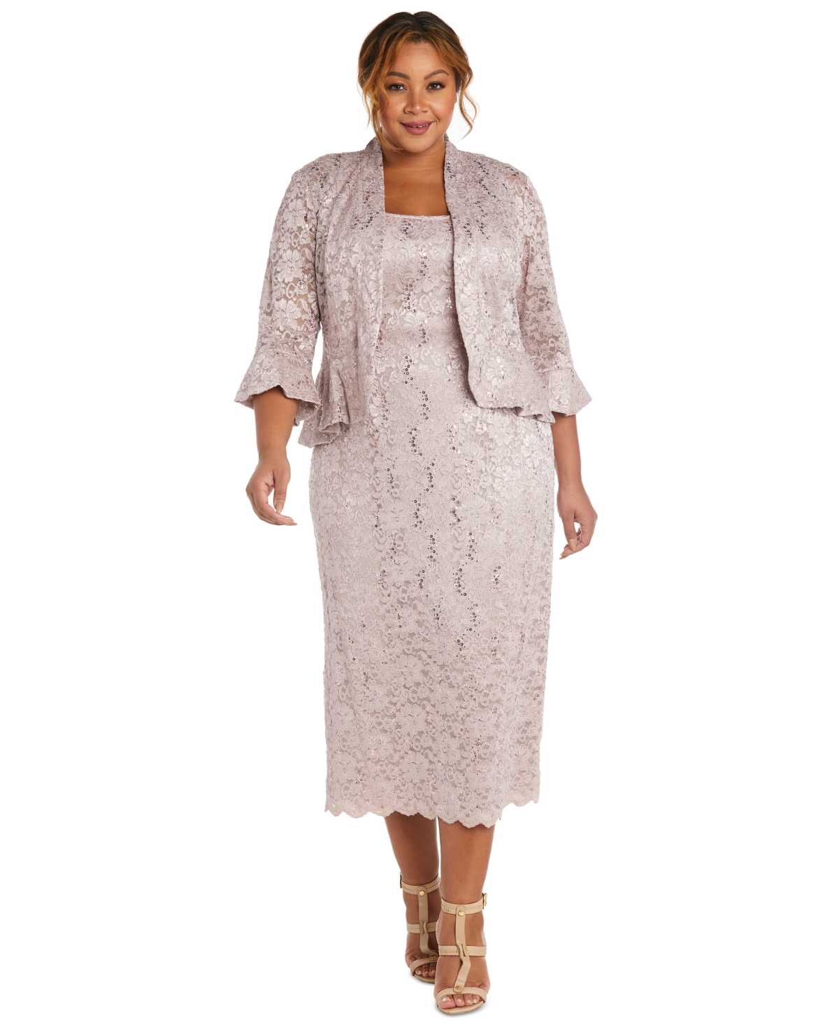 Plus Size Lace Dress & Ruffled Jacket - Champagne