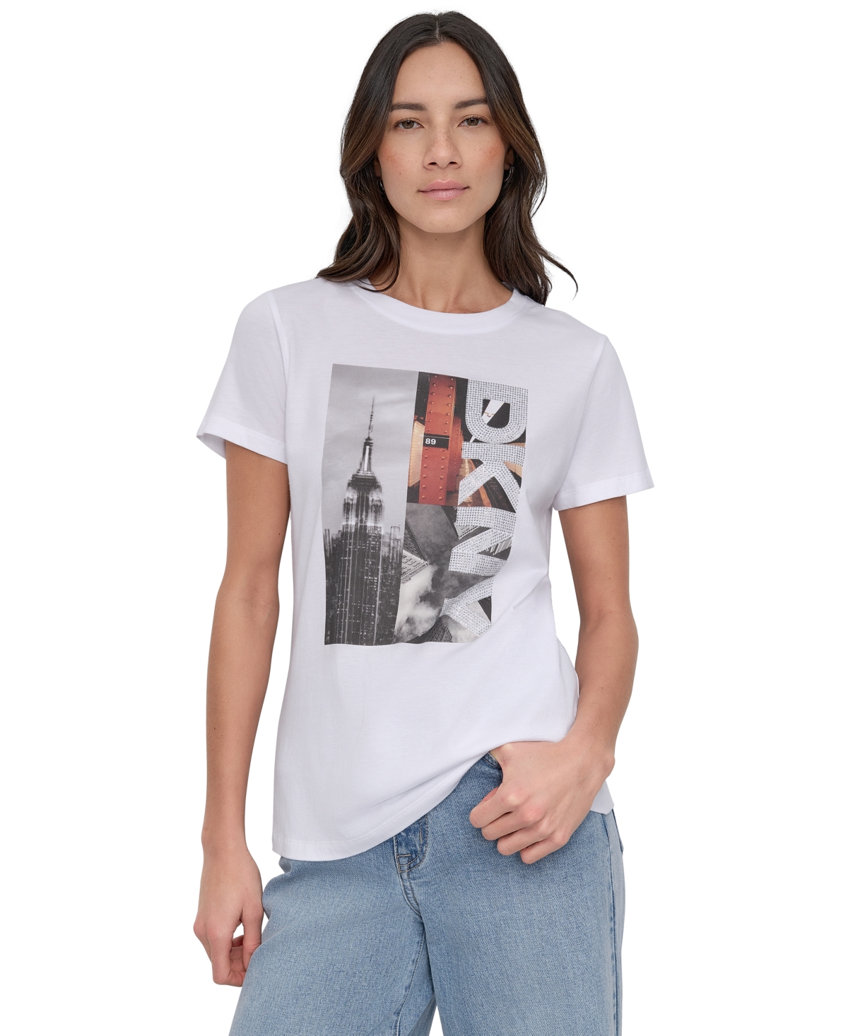 Women's Rhinestone 3 Image Photoreal Logo T-Shirt - WHB - WHT/BLK