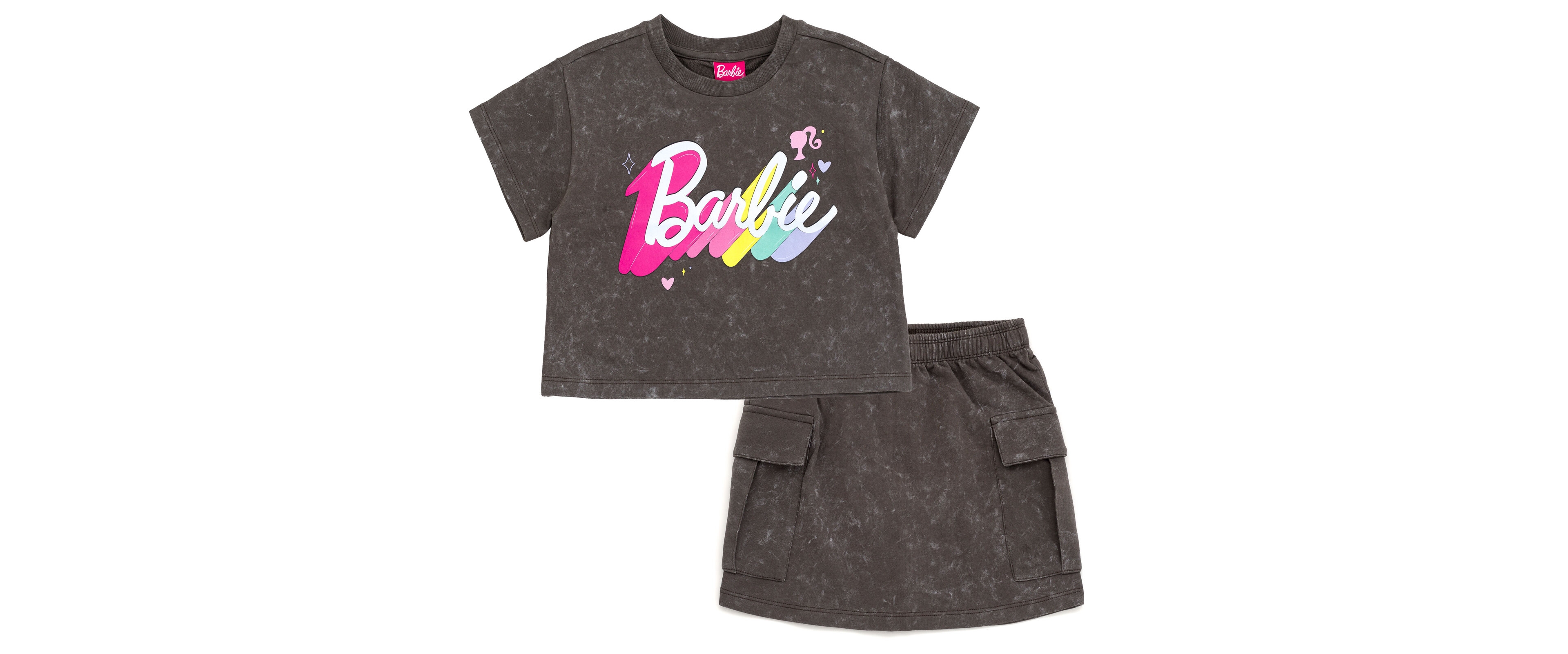 Barbie Toddler Girls French Terry Cropped Drop Shoulder T-Shirt and Skirt Outfit Set