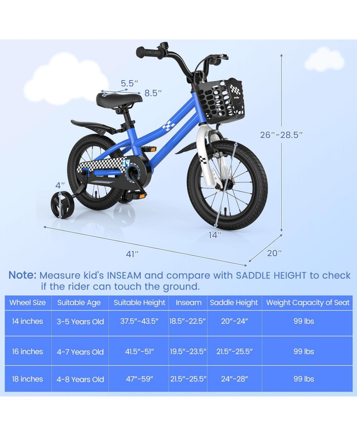 14 Inch Kids Bike with 2 Training Wheels for 3-5 Years Old