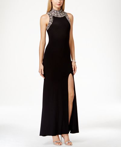 Betsy & Adam Petite Mock-Neck Jewel-Trim Gown
