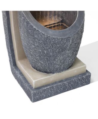 Gray Resin Column and Bowl Sculpture Outdoor Fountain with Lights