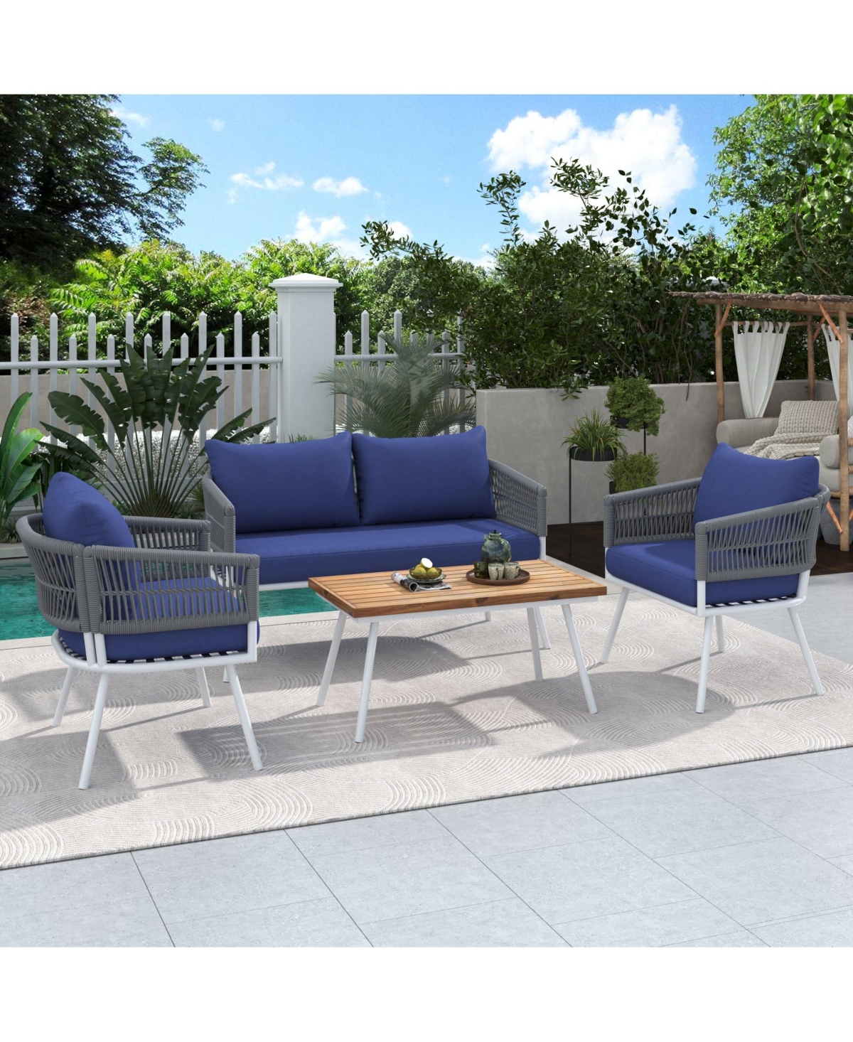 Outdoor 4-Piece Boho Rope Patio Furniture Set with Acacia Wood Table, Patio Conversation Set with Deep Seating & Thick Cushion