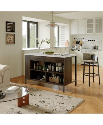 Kitchen island with 2 drawers, iron feet, island storage table with dining table, coffee station and microwave rack for home, dining room, marble and wood grain, wooden