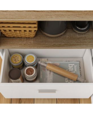 kitchen island with 2 doors, 1 drawer, dining table, coffee station & microwave rack—white wooden design for home or dining room.