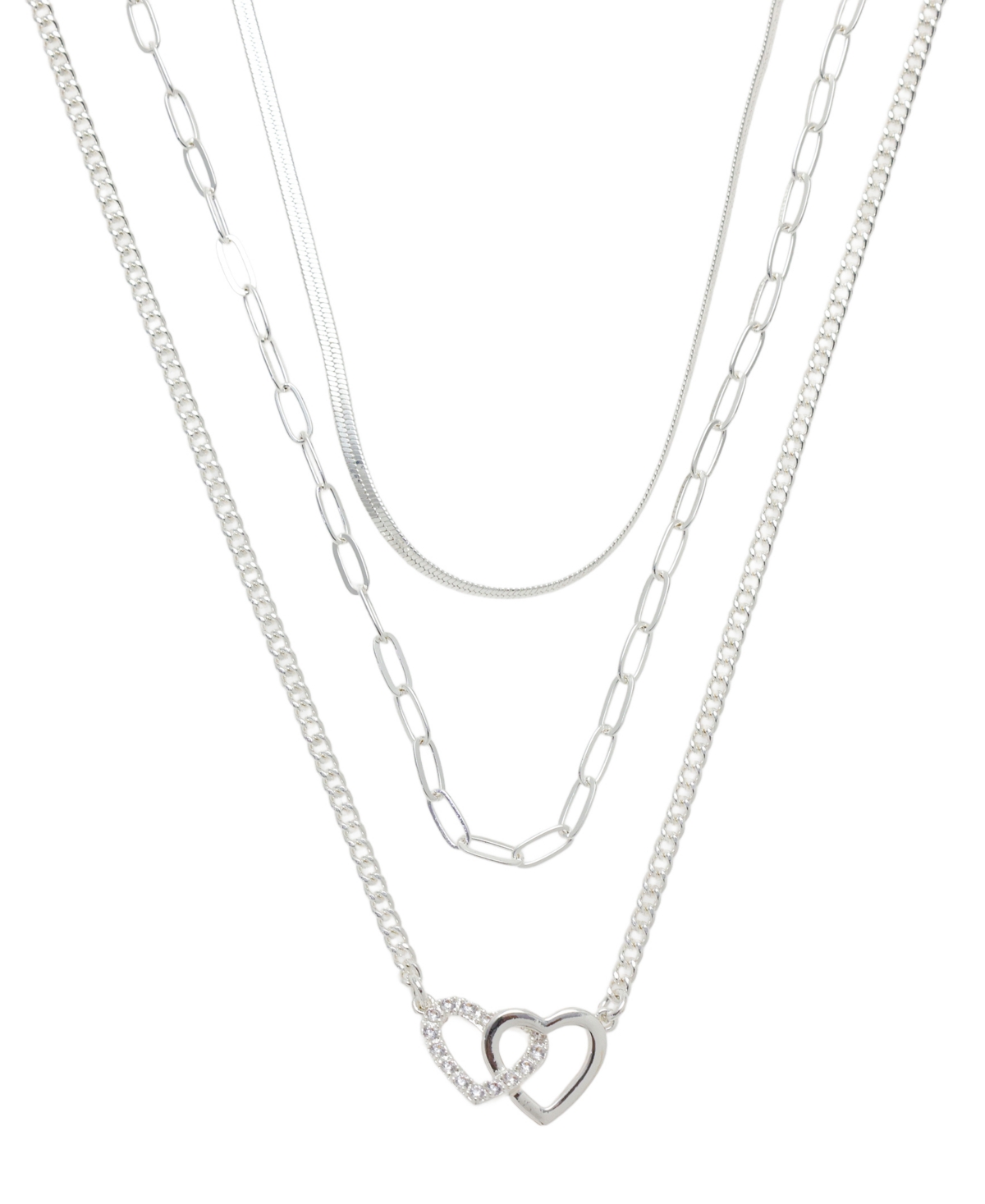 Cubic Zirconia Interlocking Heart Layered Necklace Set - Silver