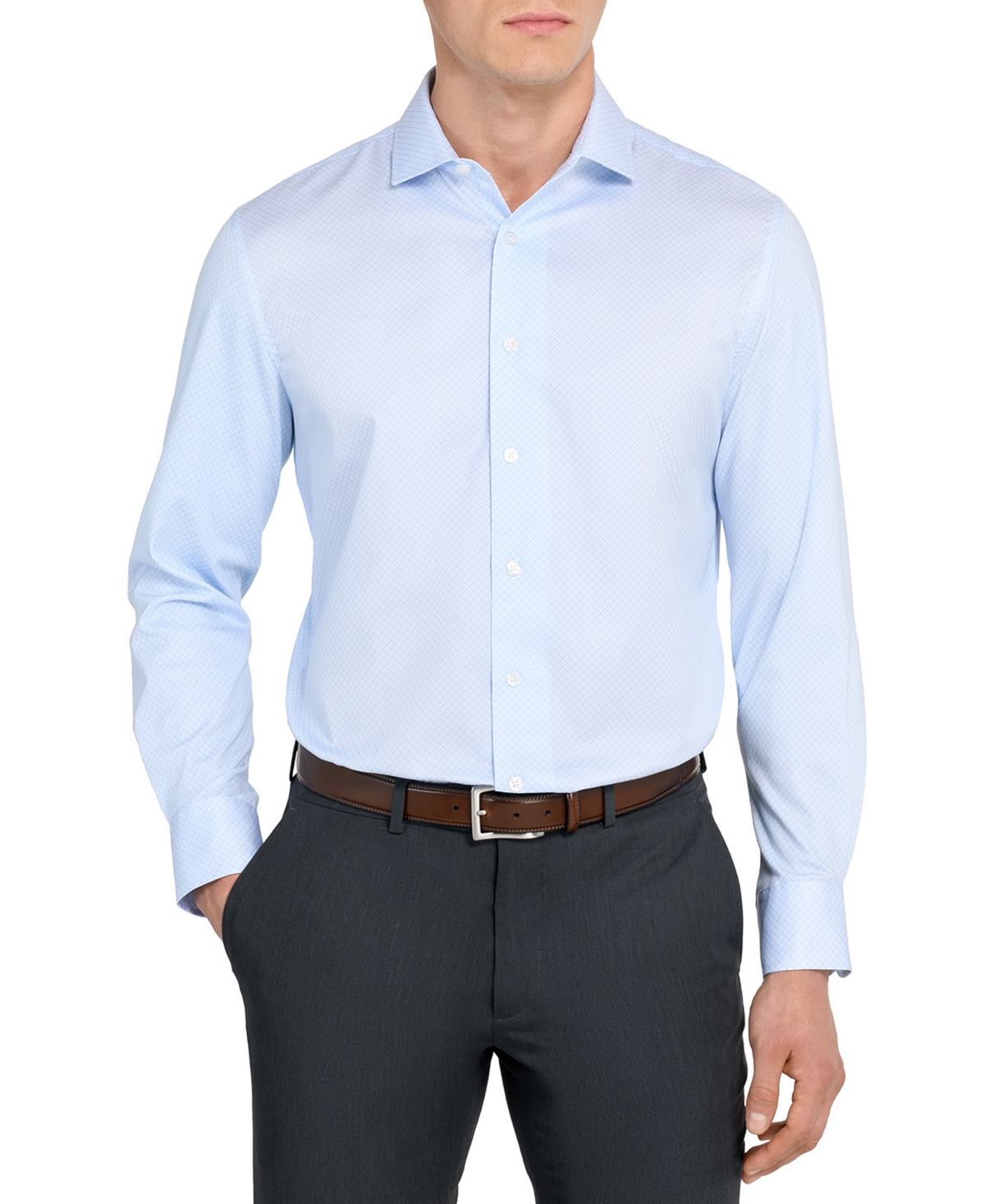 Men's Geometric Hybrid Slim Fit Easy Care Long Sleeve Shirt - Light Blue Grey