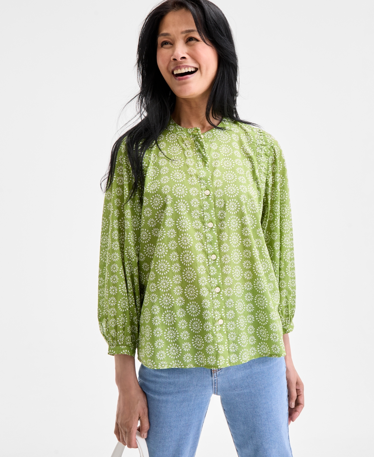 Women's Printed Cotton Button-Front Blouse, Exclusively at Macy's - Green