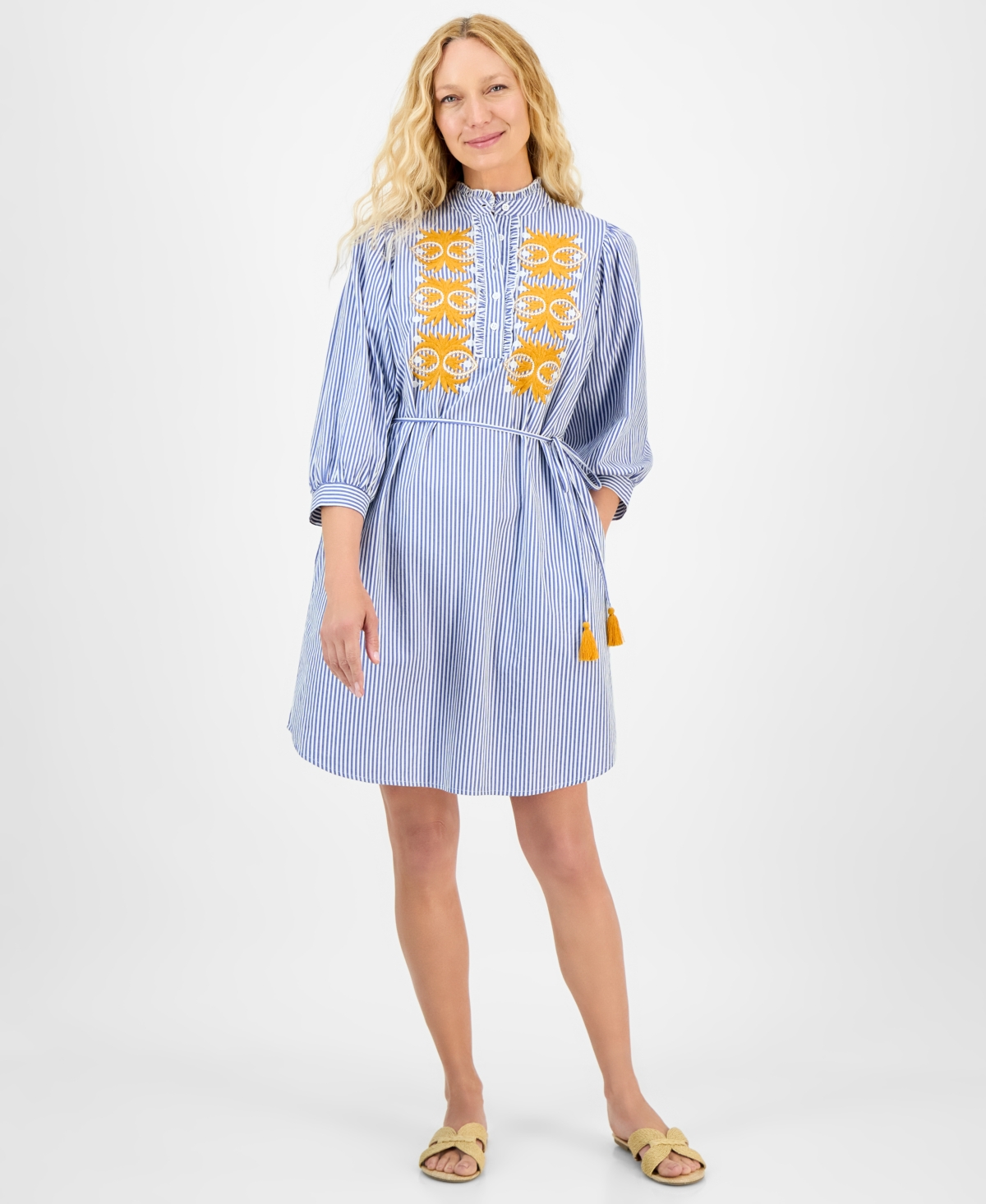 Women's Striped Embroidered Tie-Waist Dress - Navy/ivory