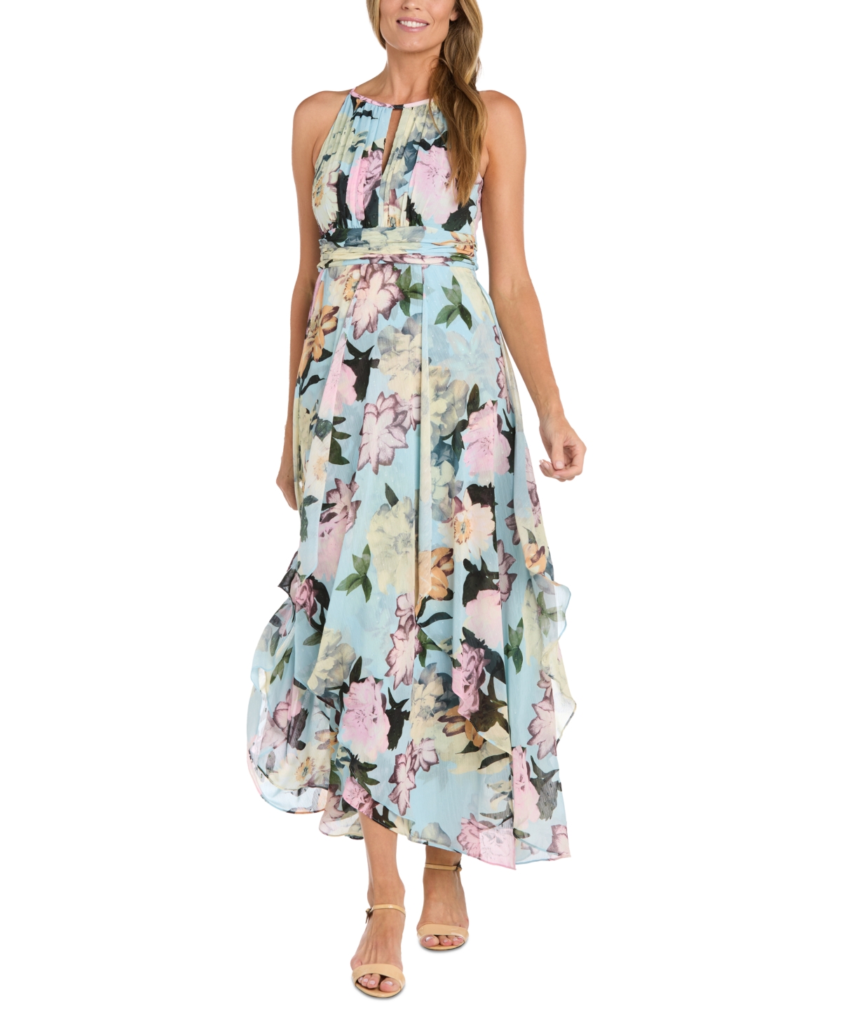 Petite Printed Halter-Neck Ruffled Sleeveless Gown - Aqua