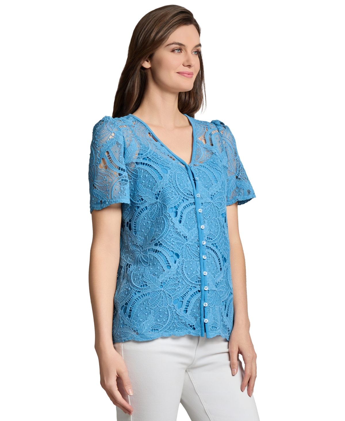 Jones New York Open Stitch Knit Button-up Shirt In Blue