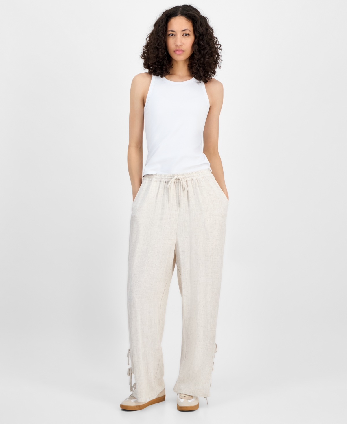 Petite Linen-Blend Hem-Cutout Side-Tie Wide Leg Pants, Exclusively at Macy's - Oatmeal