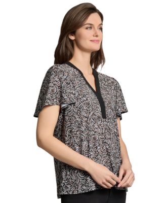 Women's Printed Split-Neck Flutter-Sleeve Top
