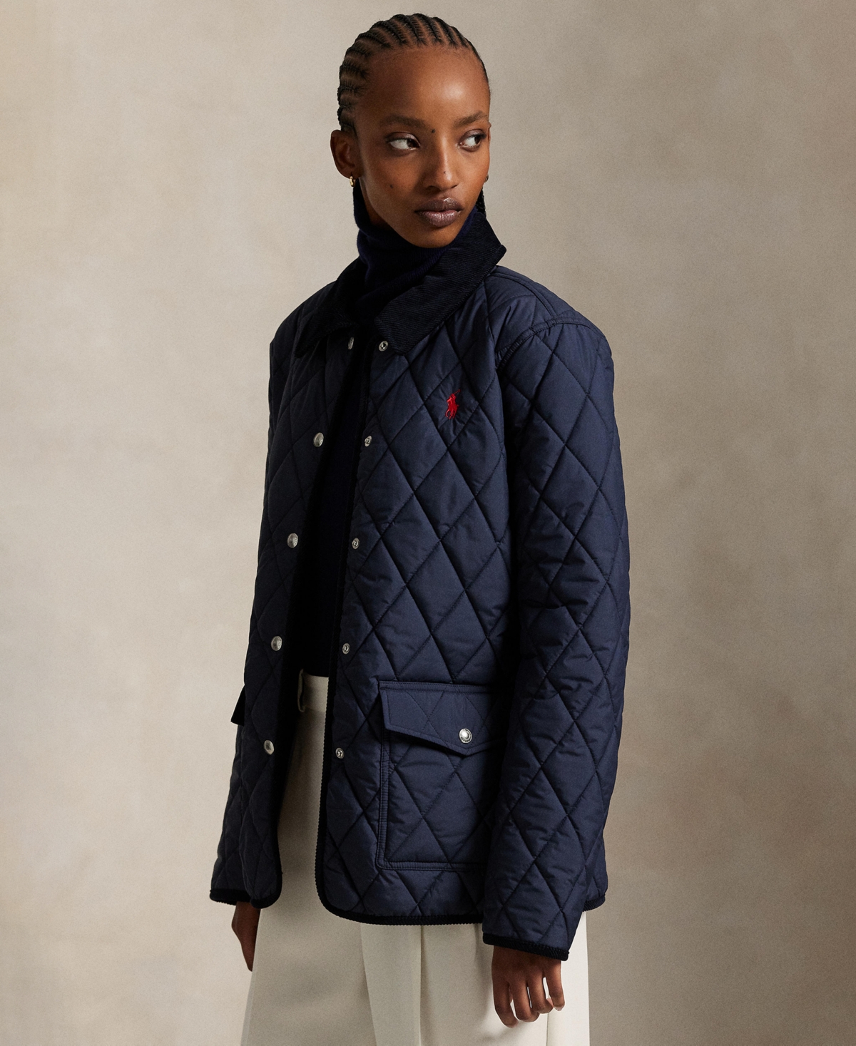 Polo Ralph Lauren Quilted Barn Jacket With Corduroy Collar In Blue