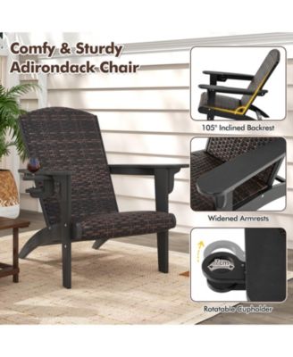 Set of 2 Adirondack Chair w/ Rattan Padded Seat & Back Wide Hidden Cupholder Patio