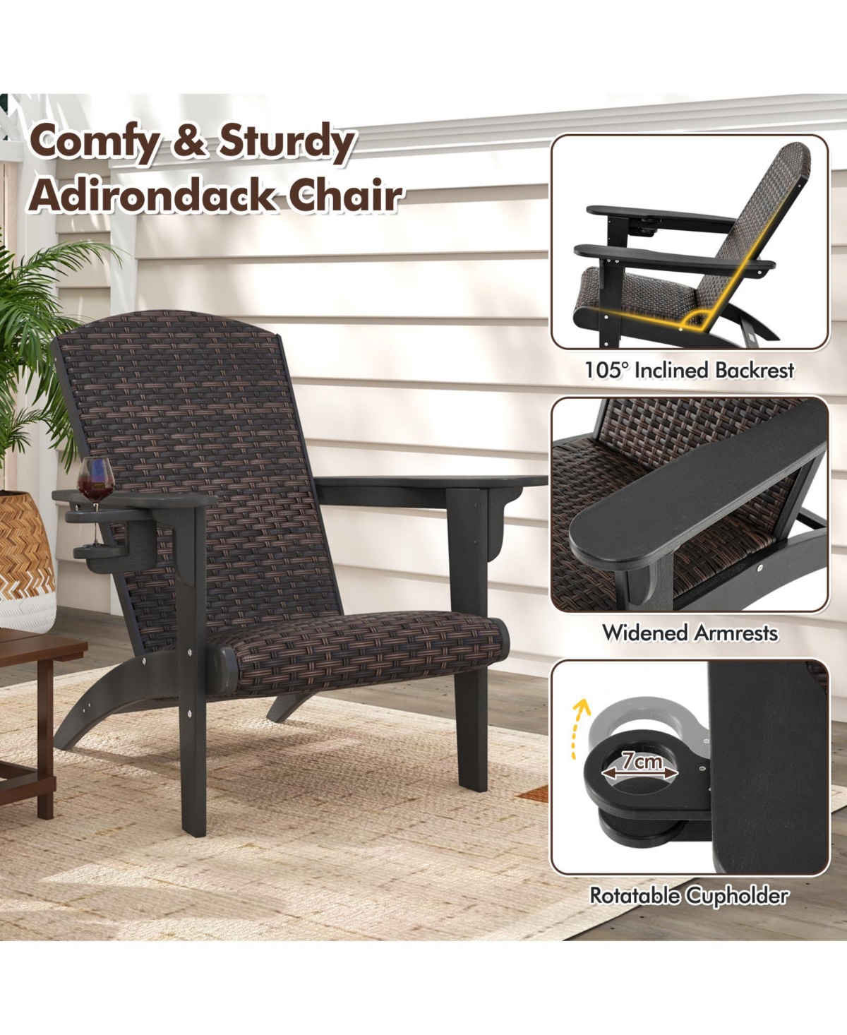 Gymax Set of 2 Adirondack Chair w/ Rattan Padded Seat & Back Wide Hidden Cupholder Patio