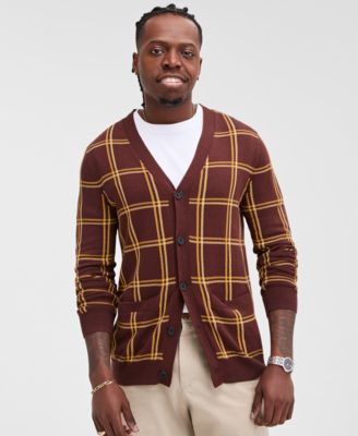 Club Room - Men's Cotton Windowpane-Plaid Cardigan Sweater