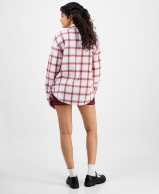Juniors' Girlfriend Frayed-Hem Plaid Shirt