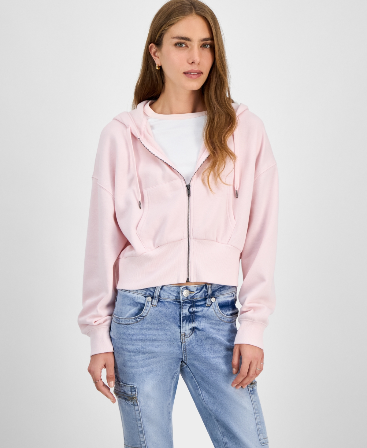 Juniors' Drop-Shoulder Full-Zip Cropped Hoodie - Whisper White