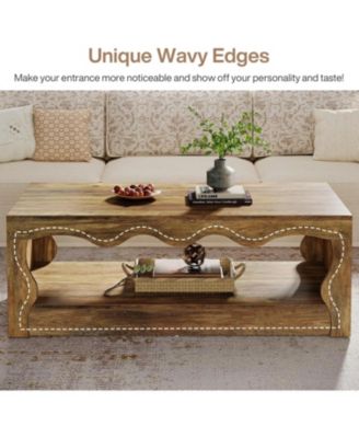 47.24-Inch Farmhouse Coffee Tables, 2-Tier Wooden Rectangular Accent Center Low Cocktail Tea Table with Open Storage Shelf, Rustic Brown