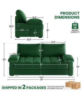 2-Seater Velvet Couch with Pillow Top Arms, Blue