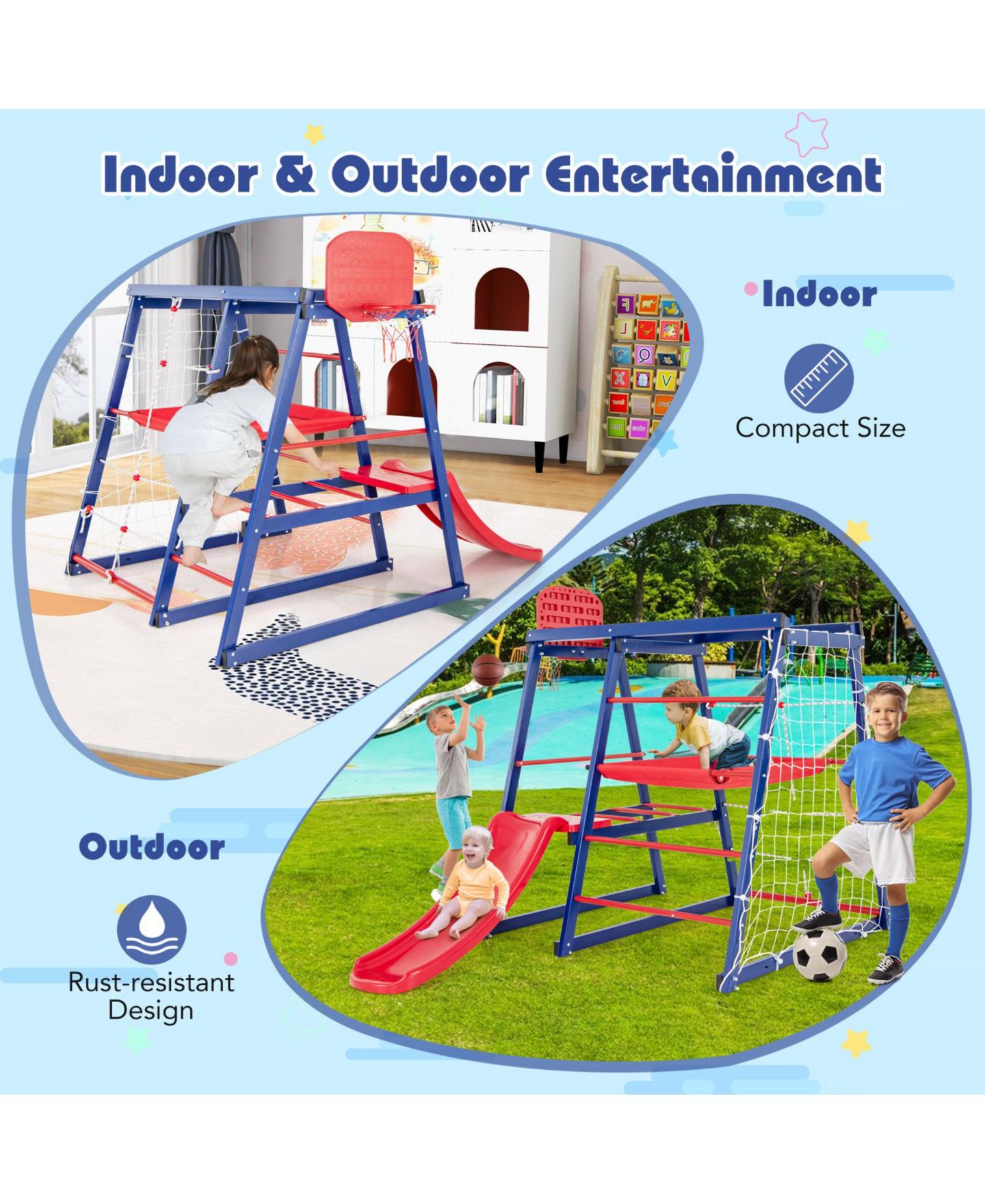 Детская игрушка Mecale 7-In-1 Metal Climbing Playground with Slide, Climbing Net & Basketball Hoop, Ages 3-7, цвет: Синий — фото 4
