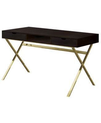 Modern 24" Computer Desk with Dark Brown Finish and Gold Accents Two Drawers for Storage