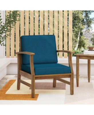 Acacia Wood Outdoor Lounge Chair with Blue Cushions