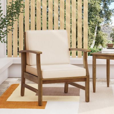 Acacia Wood Outdoor Lounge Chair with Cream White Cushion, Slat Panel Design Frame and Water-Resistant Cushion
