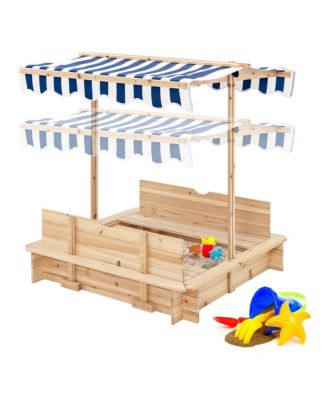 Kids Wooden Sandbox with Canopy & Foldable Bench Seats